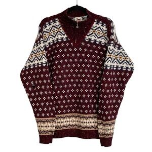Vintage Marsh Landing Mens Burgundy Fair Isle Wool Blend Quarter Zip Sweater M